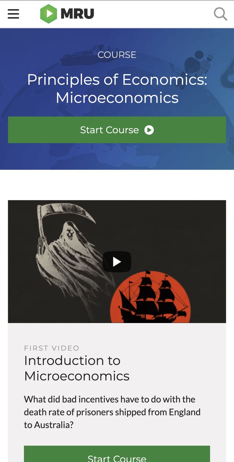 Legacy course page on mobile: marketing hero and Start Course button