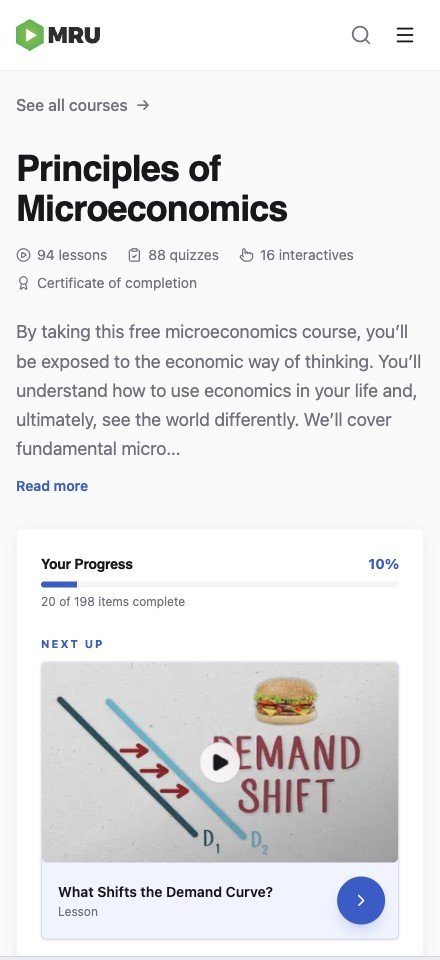 New course page on mobile: your progress up top with a Next Up card for the current lesson