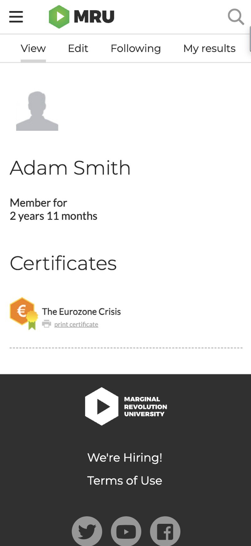 Legacy profile page on mobile: a name and a certificate list