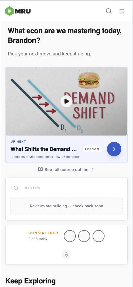 New dashboard on mobile: up next, review queue, streak