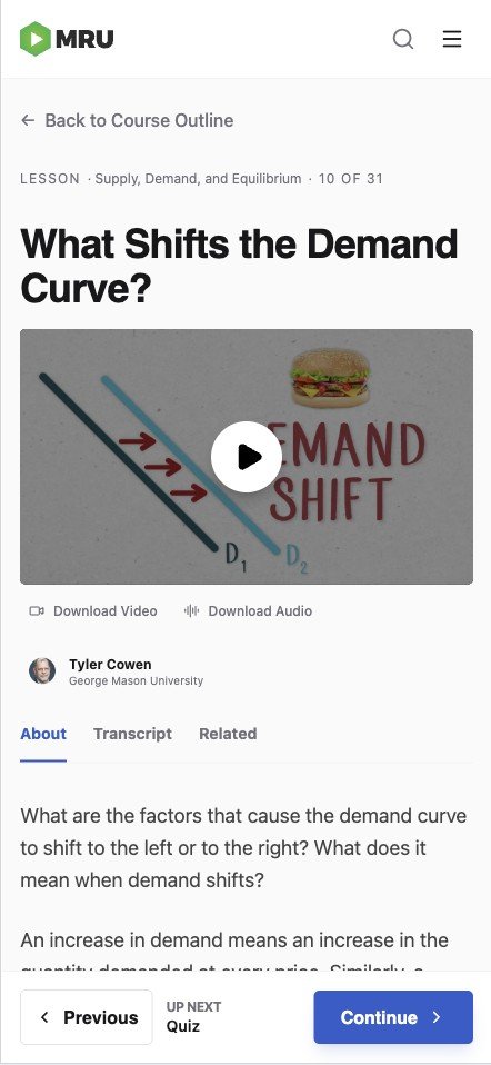 New lesson on mobile: one reading column with a persistent next-step bar