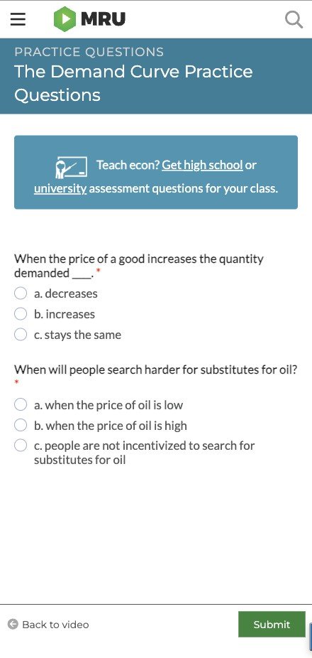 Legacy practice questions on mobile: all questions in one form, with a Back to video / Submit footer