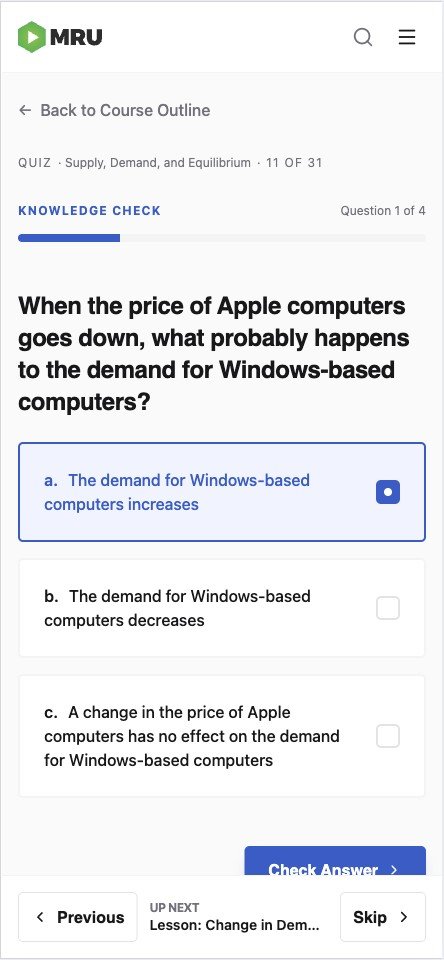 New quiz on mobile: one question at a time with a selected answer, Check Answer button, and a persistent navigation bar at the bottom